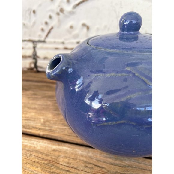 Antique 1930s Blue Glaze stoneware pottery Small Teapot Cherry Leaves - Picture 6 of 13